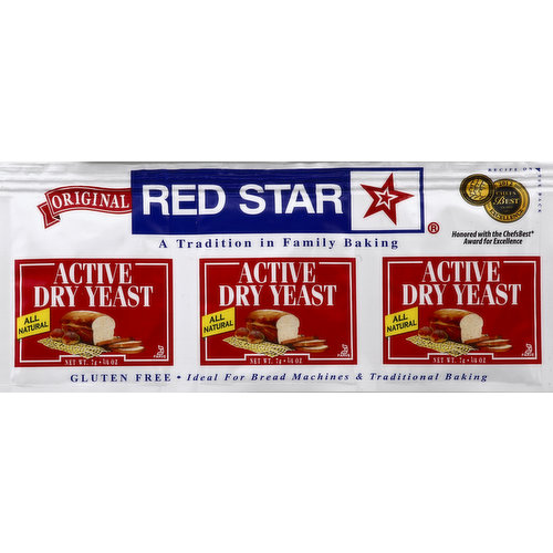 A tradition in family baking. American Culinary ChefsBest: 2012 Chefs Best Award, Excellence. www.chefsbest.org. Honored with the ChefsBest Award for Excellence. All natural. Gluten free. Ideal for bread machines & traditional baking. Carol Stevens Guarantee: If you have questions, are not satisfied with the quality of this product, or if you would like recipes or additional information, please write to me in care of Red Star Yeast, 7475 W. Main Street Milwaukee, WI 53214, call 1-800-445-4746, M-F, 9 AM - 4 PM CST. Honored with the ChefsBest Award for Excellence: The ChefsBest Excellence Award is awarded to brands that surpass quality standards established by independent professional chefs. www.redstaryeast.com. Visit our Web site for baking tips, additional information and recipes. Does not contain wheat gluten or other cereal protein. 0 calories - 0 fat - 0 sodium. Product of Mexico.