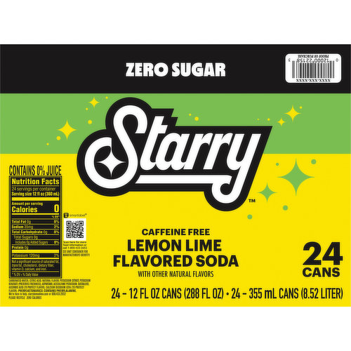 Starry Lemon Lime, Flavored Soda, 12 Fl Oz Cans, 24 Pack