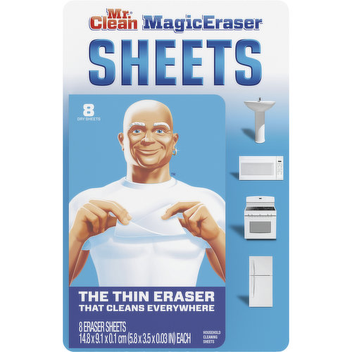 14.8 x 9.1 x 0.1 cm (5.8 x 3.5 x 0.03 in) each. Contains no phosphate. The Thin Eraser that Cleans Everywhere: Drains; Stoves; Faucets; High chairs; Fridges; Microwaves. Cleans with water alone! www.mrclean.com. Follow me on Facebook: facebook.com/mrclean. Follow me on Twitter: twitter.com/realmrclean. Questions? 1-800-248-1612. Visit www.mrclean.com for more cleaning ideas! Made in Germany. Packaged in USA.