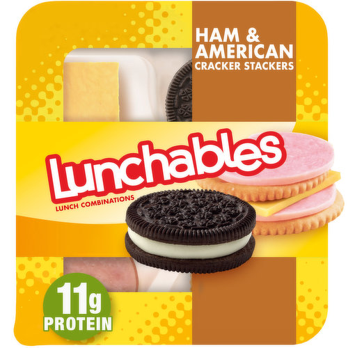 Lunchables Ham and American Cracker Stackers Lunch Combinations is the perfect choice for an on-the-go lunch while letting kids have fun with their food. Each convenient lunch kit includes Oscar Mayer Lean Ham Slices, Kraft American pasteurized prepared cheese product and crackers to create tasty stacked snacks. Chocolate sandwich cookies serve as a delicious dessert. Our ham and cheese crackers kit is a fast and fun option for school lunch, picnics or on-the-go snacking. Every lunch kit provides a good source of calcium and protein, with 11 grams of protein per serving. Keep Lunchables Ham and Cheese Crackers refrigerated.