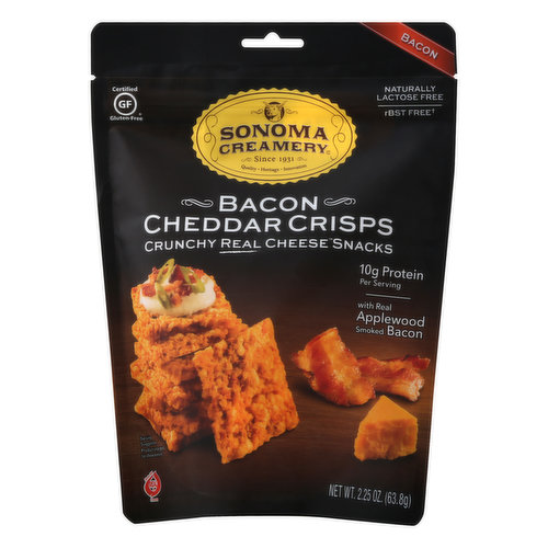 Crunchy real cheese snacks. 10 g protein per serving. Certified Gluten-free. Naturally lactose free. Since 1931. Quality. Heritage. Innovation. rBST free (No significant difference has been shown between milk derived from rBST-treated and non rBST-treated cows). With real applewood smoked bacon. Made with real cheese. Sonoma Creamery Bacon Cheddar Crisps are baked, never fried and naturally lactose free. We take rBST-free (No significant difference has been shown between milk derived from rBST-treated and non rBST-treated cows) Natural cheddar cheese and real applewood smoked bacon and bake them with a sprinkling of certified gluten-free brown rice and oat bran into thin, crunchy, bacony, cheesy crisps. Made with milk from cows not treated with artificial hormones. (No significant difference has been shown between milk derived from rBST-treated and non rBST-treated cows). www.sonomacreamery.com. Facebook. Twitter. Instagram. Made in Sonoma, California Wine Country - Since 1931.