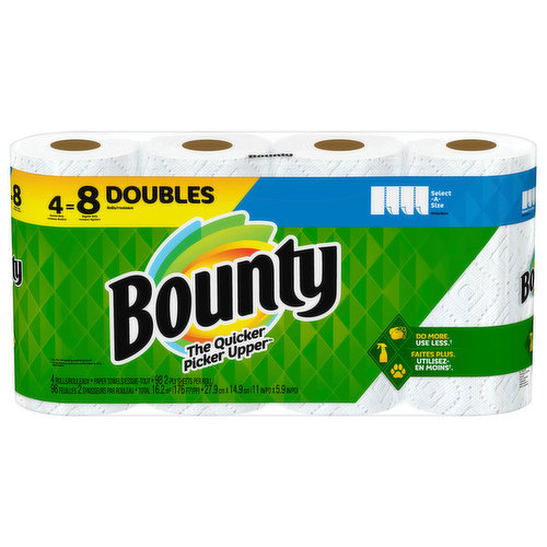 Don’t let spills and messes get in your way. Lock in confidence with Bounty, the Quicker Picker Upper*. This pack contains Bounty white Select-A-Size paper towels that are 2X more absorbent* and strong when wet, so you can get the job done quickly. 

*vs. leading ordinary brand