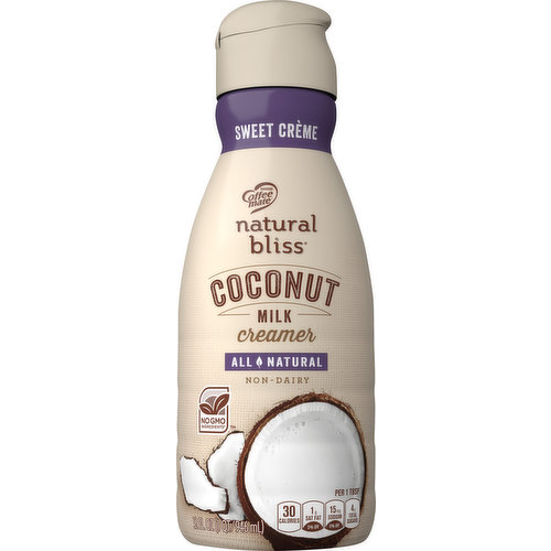 Real coconut cream for hint of coconut flavor. Per 1 Tbsp: 30 calories; 1 g sat fat (5%DV); 15 mg sodium (0%DV); 4 g total sugars. Gluten-free. Nutritional Compass: Nestle - Good to Know: Our natural Sweet Creme is made with cane sugar and real coconut cream to enhance sweet, creamy notes. Good to Connect: coffeemate.com. Call/text: 1-800-637-8534. Thoughtful Portion: 1 tbsp = 30 cal. Use in moderation for your perfect cup. No GMO ingredients (SGS verified the Nestle process for manufacturing this product with no GMO ingredients sgs.co/no-gmo). All natural. Because we only use all-natural ingredient some separation is expected. coffeemate.com. how2recycle.info. SmartLabel: Scan for more info.