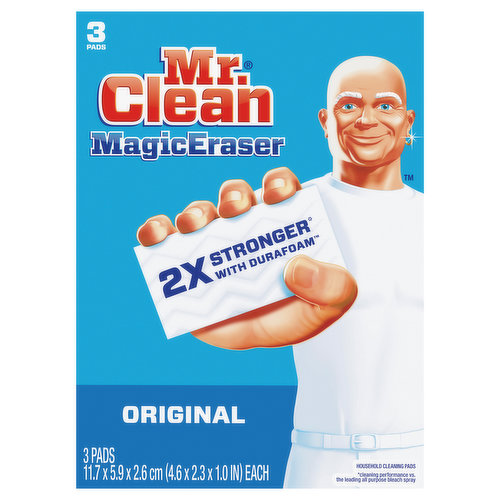 Mr. Clean Magic Eraser Original scrubber is 2X Stronger* with DURAFOAM. Micro-scrubbers reach into the surface grooves, lifting away built up dirt and grime with water alone! Use it all around the house as a multi surface cleaner, wall cleaner, bathtub cleaner, oven door cleaner, or for erasing marks on light switches, doors and more! *Cleaning performance vs. the leading all-purpose bleach spray