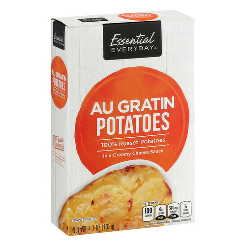 100% russet potatoes in a creamy cheese sauce. Per 1 Oz Dry Mix: 100 calories; 0 g sat fat (0% DV); 570 mg sodium (25% DV); 1 g total sugars. See nutrition information for as prepared information. Contains bioengineered food ingredients. Great products at a price you'll love - that's Essential Everyday. Our goal is to provide the products your family wants, at a substantial savings versus comparable brands. We're so confident that you'll love Essential Everyday, we stand behind our products with a 100% satisfaction guarantee. 100% Quality Guaranteed: Like it or let us make it right. That's our quality promise. essentialeveryday.com.