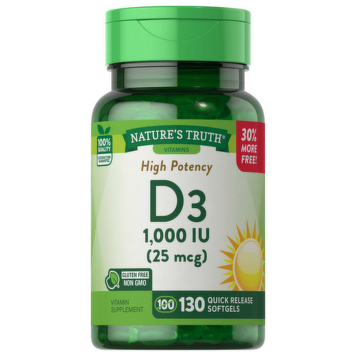 Nature's Truth Vitamin D3, High Potency, 25 mcg, Quick Release Softgels