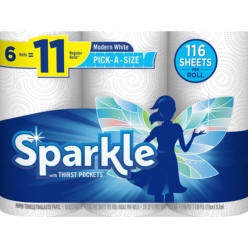 319 sq ft (29.6 sq m). 11 in x 6 in (27.9 cm x 15.2 cm) 6 rolls = 11 regular rolls (based on a Sparkle regular rolls with 63 sheets). 116 Sheets per roll. With thirst pockets. Choosing Sparkle? Bright move! Anyone ever mention how smart and savvy you are? Seriously, choosing Sparkle Paper Towels proves you know a good thing when you see one. That's because Sparkle Paper Towels with Thirst Pockets gives you exactly what you need - an affordable, two-ply paper towel that quickly absorbs everyday messes so you and your home can shine bright. We're kind of a perfect match in that way - You rock & we roll (literally)! sparkletowels.com. how2recycle.info. Got something to say? Let's get connected! Find us on: facebook. Showcase you bright ideas on social media with (hashtag)makethebrightchoice or check out sparkletowels.com to get inspired! Want to talk? Please have wrapper available. Call toll-free in the continental US. 1-800-2Tellgp or 1-800-283-5547. Sustainable Forestry Initiative: Certified sourcing. www.sfiprogram.org. Made in the USA with domestic and foreign materials for Georgia-Pacific Consumer Products.