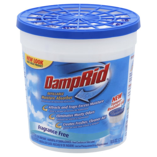 New look. Same great product. Attracts and traps excess moisture. Eliminates musty odors. Creates fresher, cleaner air! New tamper-resistant lid. Septic safe. An employee owned company. Refills Available: Fragrance free refill crystals are available in an economical, 42 oz, multi-use, reclosable bag. Questions? Comment! Contact us at 1-888-Damprid (326-7743) in USA only from 8 am to 4:30 pm CT Monday through Friday or online at www.damprid.com. Made in USA.