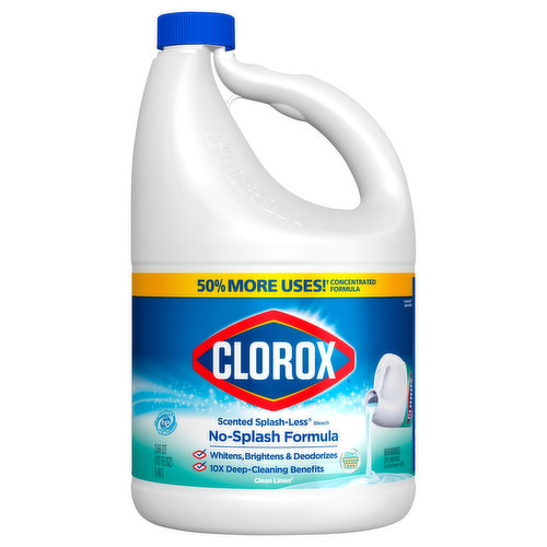 50% more uses (vs. previous Clorox Splash-Less Bleach) concentrated formula. Whitens, brightens & deodorizes. 10x deep-cleaning benefits. Clorox bleach removes tough stains better than detergent alone. Contains no phosphorus.