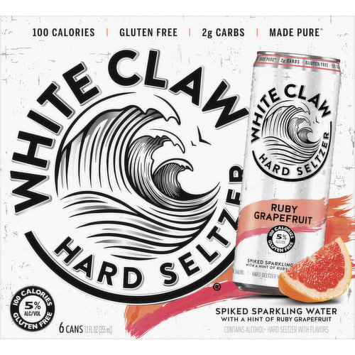 Spiked sparkling water with a hint of ruby grapefruit. Hard seltzer with flavors. 100 calories. 2 g carbs. Naturally gluten free. Crafted using our unique Brewpure process and only the finest flavors to deliver a surge of pure refreshment and a hard seltzer like no other. White Claw hard seltzer. Made using our proprietary brewpure brewing process. Please drink responsibly. www.whiteclaw.com. Facebook. Instagram. Discover more at www.whiteclaw.com. Sustainable Forestry Initiative: Certified sourcing. www.sfiprogram.org. Please recycle. 5% alc/vol. 10