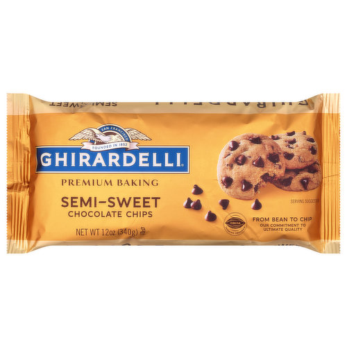 Founded in 1852. Premium baking. Cocoa farming program. From bean to chip. Our commitment to ultimate quality. Discover the Ghirardelli difference. Select high quality beans. Roast nibs for intensity. Refine for smoothness, Conche for flavor. For more information about our ingredients and sustainable sourcing visit ghirardelli.com/sustainability.
