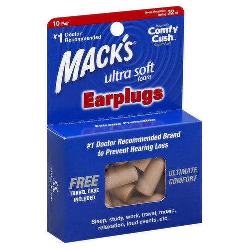 Noise Reduction Rating: 32 dB. Free travel case included. No. 1 doctor recommended. Made with Comfy Cush comfort foam. No. 1 doctor recommended brand to prevent hearing loss. Ultimate comfort. Sleep, study, work, travel, music, relaxation, loud events, etc. Extreme protection. www.MacksEarplugs.com. Noise Reduction Rating: 32 decibels (When used as directed). The range of noise reduction ratings for existing hearing protectors is approximately 0 to 30 (High numbers denote greater effectiveness). Federal law prohibits removal of this label prior to purchase. EPA: Label required by USEPA Regulation 40 CPR Part 211 Subpart B. CE listed. Recyclable package. Made in USA.