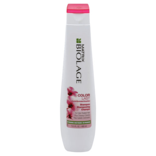 No parabens. Biomatch: Like nature's fade-defying orchid, ColorLast nourishes and protects to help maintain the depth, tone and shine of color-treated hair (When using the system of shampoo and conditioner). ColorLast Shampoo with low pH purifies as it helps prolong color vibrancy. www.matrix.com. Made in USA.
