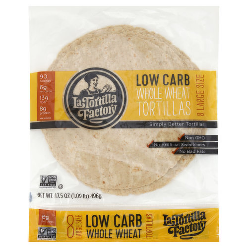 Per Serving: 8 g protein; 13 g fiber; 6 g net carbs; 90 calories. Simply better tortillas. Non GMO. No artificial sweeteners. No bad fats. Non GMO Project verified. nongmoproject.org. My grandparents started La Tortilla Factory in 1977 and three generations later, we remain committed to baking high quality, delicious tortillas that contribute to a nourishing (and busy) lifestyle. Food, family and well-being are at the heart of what we do, and we are passionate about delivering simply better tortillas. Jenny Tamayo, Third Generation Family Member. Simply Better Tortillas: Non GMO; no artificial sweeteners (sucralose); no hydrogenated or interesterified fats; no mono and diglycerides; no modified food starch; 6g net carbs (carbs-fiber=net carbs). For tips and recipes visit: latortillafactory.com. Facebook. Pinterest. Instagram.