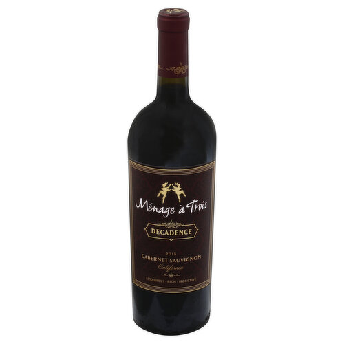 Luxurious, rich, seductive. Indulge in Menage a Trois Decadence, a deliciously opulent and full-bodied Cabernet Sauvignon. Rich cherry and voluptuous blackberry flavors with aromas of dark chocolate all culminate in a smooth finish that leaves you wanting - more. www.menageatroiswines.com. Vinted and bottled by Folie a Deux Winery St. Helena and Lodi, CA. Alc. 13.5% by vol.