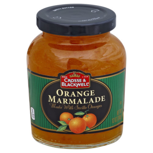 50 calories per 1 tbsp. Our orange marmalade is made with Seville oranges for full-bodied flavor & texture. Traditionally great on scones & muffins, but a great meat glaze as well. Call toll free 1-88-643-7219 with questions and comments. For recipes & seasonal ideas visit us at crosseandblackwell.com.