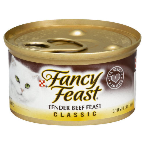100% complete & balanced. Aluminum. Recyclable. Fancy Feast Classic Tender Beef Feast is formulated to meet the nutritional levels established by the AAFCO Cat Food Nutrient Profiles for all life stages. Calorie content (calculated) 1083 kcal/kg 92 kcal/can. Purina.com. Printed in USA.