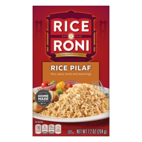 Rice, pasta, herbs and seasonings. Per Serving: 190 calories; 0 g sat fat (0% DV); 720 mg sodium (31% DV); less than 1 g total sugars. EST 1958. Making home made easy. The San Francisco treat. Package contains empty space to accommodate grain to seasoning ratio. This package is sold by weight, not by volume. Contents may settle during shipping and handling. Quality guarantee. ricearoni.com. SmartLabel: Scan for more food information. 1-800-421-2444 Call for more food information. We're here to help. ricearoni.com or 800-421-2444. Please have package available when calling. Find more ideas at ricearoni.com/recipes. Pasta Roni Angel Hair Pasta with Herbs. Try Pasta Roni for another easy homemade meal.