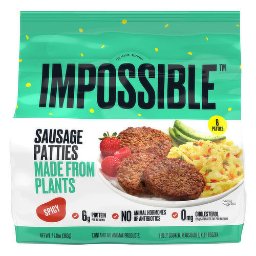 No animal hormones or antibiotics. Contains no animal products. Fully cooked. Every time you eat Impossible Sausage Patties made from plants (Instead of sausage from a pig), you are using: 80% less water; 73% less greenhouse gas emissions; 46% less land.