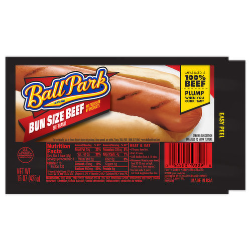 Ball Park Bun Size Beef Hot Dogs turns a great hot dog into a grill worthy masterpiece. Ball Park hot dogs are made with 100% beef. Fully cooked and ready to heat and serve, these uncured hot dogs go great on the grill. Top your bun length hot dog with chili and cheese or stick to the classic ketchup and mustard. Keep all beef uncured franks refrigerated.