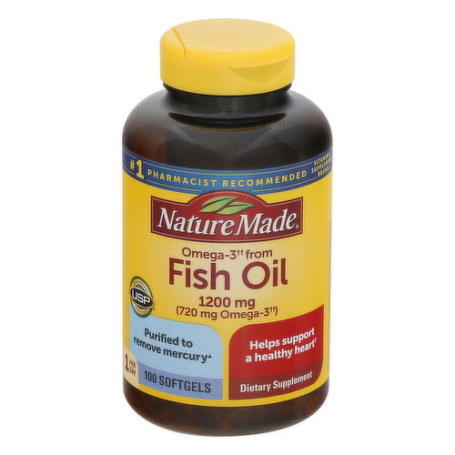 Dietary Supplement. List no. 4296. L600. USP dietary supplement verified. USP has tested and verified ingredients, potency and manufacturing process. USP sets official standards for dietary supplements. www.uspverified.org. No artificial flavors. Gluten free. 720 mg omega-3(tt). (See nutrition information for total fat and cholesterol content). Omega-3 (As ethylesters.) from fish oil. 1 per day. No. 1 pharmacist recommended (Based on Pharmacy Times Survey of pharmacists recommending Omega-3 Fish Oil Supplements). Vitamin & supplement brand. Help support a healthy heart. Purified remove mercury (Purified to remove PCBs, dioxins and furans, and mercury to ensure levels below 0.09 ppm, 2 ppt, WHO TEQs, and 0.1 ppm respectively). Supportive but not conclusive research shows that consumption of EPA and DHA omega-3 fatty acids may reduce the risk of coronary heart disease. No colors added. Fish oils used to produce this product are derived from wild caught ocean fish, not farm raised fish. www.NatureMade.com. (This statement has not been evaluated by the Food and Drug Administration. This product is not intended to diagnose, treat, cure, or prevent any disease.) Fish Oil Country of Origin: Norway, Canada, Colombia or Peru. Encapsulated and quality tested in the USA.