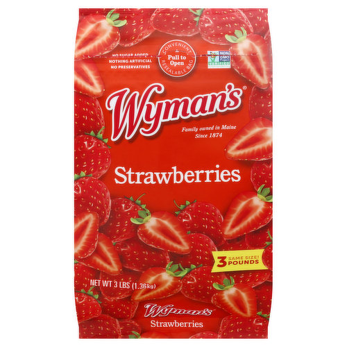No sugar added. Non GMO Project verified. nongmoproject.org. Nothing artificial. No preservatives. Family owned in Maine since 1874. Same size! 3 pounds. Thank you for picking up a bag of Wyman's! We're a family owned business from Maine - home to moose, bears, lighthouses, rocky shores, and the perfect ecosystem for a remarkable fruit to grow in abundance: the wild blueberry. We've been harvesting wild blueberries since the 1870's and are pleased to bring their potent flavor and remarkable health benefits to fans worldwide. As we've grown, we've also built relationships with like-minded partners around the world to bring you an array of delicious and sustainably harvested fruits. We always strive to ensure that our fruit is of exceptional quality; picking it at the peak of ripeness and freezing it quickly to lock in taste and nutrition. We're confident you'll be able to taste the difference! Please keep an eye out of a number of new and innovative fruit products we're launching it convenient grab and go packaging, all geared towards making it easier to eat more healthy and delicious whole fruits. We hope you'll give them all a try - and we thank you for your support. - The Wyman Family John, Liz, Nick, Sarah & Tom. Fun Fact: Wyman.com has a great selection of tasty recipes and ideas! Have you tried making your own strawberry jam or pie? Washed & ready to serve. Our Promise: We strive to freeze our fruit within 24 hours of harvest to lock in nutrition and flavor at its peak. We ensure our quality consistently exceeds USDA Grade A standards. We use state of the art sorting technology to select only the very best fruit. We thoroughly wash all our fruit in a robust, effective, multi-stage process. We ensure our wild blueberries and all our fruit are always Non-GMO. wymans.com. Learn more at wymans.com. Convenient resealable bag. Product of Peru.