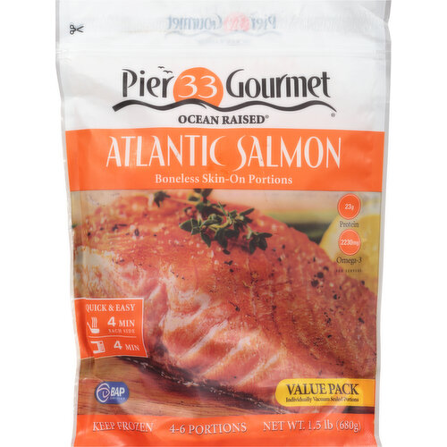 Pier 33 Gourmet Ocean Raised Atlantic Salmon, Boneless, Skin-On Portions, Value Pack