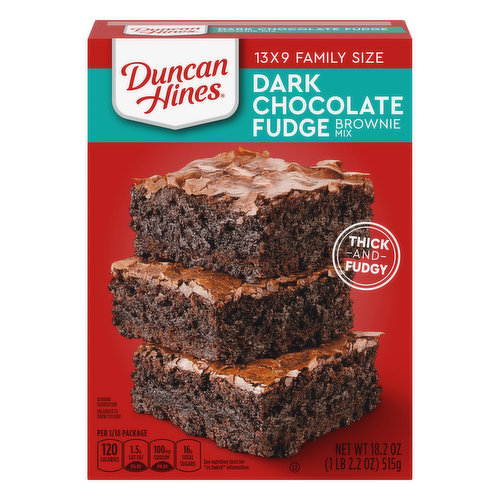 Per 1/18 Package: 120 calories; 1.5 g sat fat (8% DV); 100 mg sodium (4% DV); 16 g total sugars.  See nutrition facts for as baked information. 13 x 9 family size. Thick and fudgy. www.duncanhines.com. how2recyle.info. Smartlabel: Scan or call 1-800-362-9834 for more food information. For more delicious inspiration, go to duncanhines.com. Questions or comments, visit us at www.duncanhines.com or call Mon. - Fri., 1-800-362-9834 (Except national holidays). Please have entire package available when you call so we may gather information off the label.