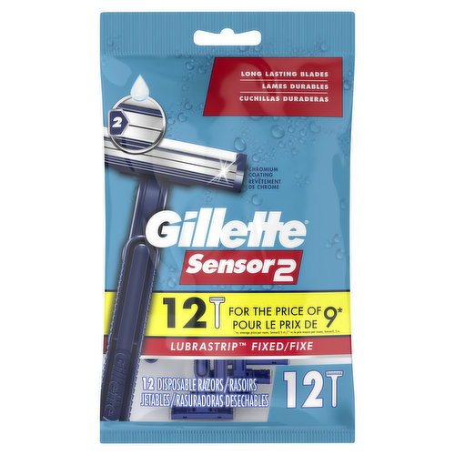 Gillette Sensor2 Fixed Head Men's Disposable Razors, 12 Count