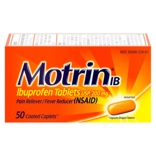 Get relief from minor aches and pains with Motrin IB tablets. Safe and effective when used as directed, these ibuprofen tablets temporarily reduce fever and relieve minor aches and pains due to the common cold, headache, muscular aches, minor pain of arthritis, toothache, backache, and menstrual cramps. Each Motrin IB tablet contains 200 milligrams of ibuprofen. This site contains current product information and may differ from the information on the product packaging you may have.