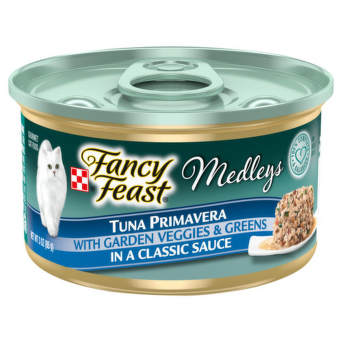 Calorie Content (calculated): 759 kcal/kg; 65 kcal/can. Fancy Feast Medleys Tuna Primavera is formulated to meet the nutritional levels established by the AAFCO Cat Food Nutrient Profiles for maintenance of adult cats. Tuna primavera with garden veggies & greens in a classic sauce. 100% complete & balanced. For adult cats. Purina.com. Every ingredient has a purpose. FancyFeast.com/Ingredients. Dolphin safe. Please recycle.