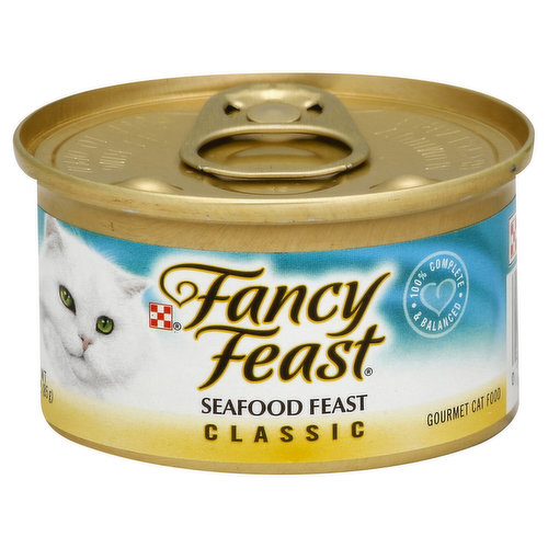 100% complete & balanced. Aluminum. Recyclable. Fancy Feast Classic Seafood Feast is formulated to meet the nutritional levels established by the AAFCO Cat Food Nutrient Profiles for all life stages. Please recycle. Calorie content (calculated) 1024 kcal/kg 87 kcal/can. Purina.com. Printed in USA.