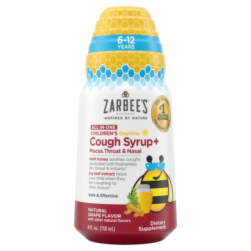 Zarbee's Cough Syrup + Mucus, Throat & Nasal, Daytime, All-in-One, Natural Grape Flavor, Children's