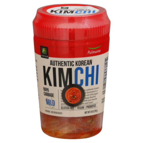 Authentic Korean kimchi. Gluten-free. Vegan. Pulmuone. Probiotics. Kimchi is a traditional side dish that's been a staple in Korean cuisine for centuries. Nasoya kimchi is made the authentic Korean way using crisp Napa cabbage fermented in a mixture of spring onion, garlic & red chili pepper to create a spicy, sweet & tangy flavorful food. Great on its own or enjoy with your favorite grain, pasta, stir-fry, veggies and more! Plant-based/vegan/gluten-free. nasoyakimchi.com. nasoya.com. Follow Nasoya online! Facebook. Pinterest. Instagram. YouTube. Scan or visit nasoyakimchi.com to learn more. For the latest updates, follow us on social! Our passion doesn't stop there! Nasoya's parent company, Pulmuone, supports the first kimchi museum in Seoul, South Korea, dedicated to its history and craft (www.kimchikan.com). Come visit the museum online or in person! Product of Republic of Korea.