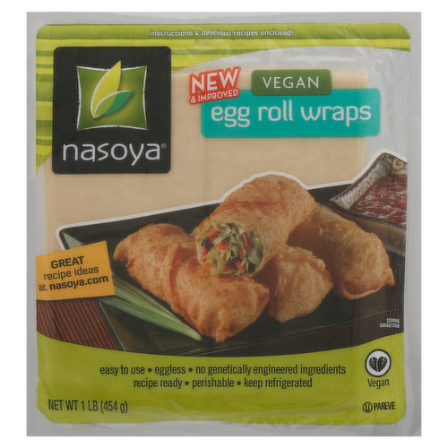 Vegan. No genetically engineered ingredients. Instructions & delicious recipes enclosed! New & improved. Easy to used. Eggless. Recipes ready. www.nasoya.com. Great recipe ideas at nasoya.com. For easy, delicious recipes and other ideas on how to use wraps, or to learn more about Nasoya products, visit www.nasoya.com.