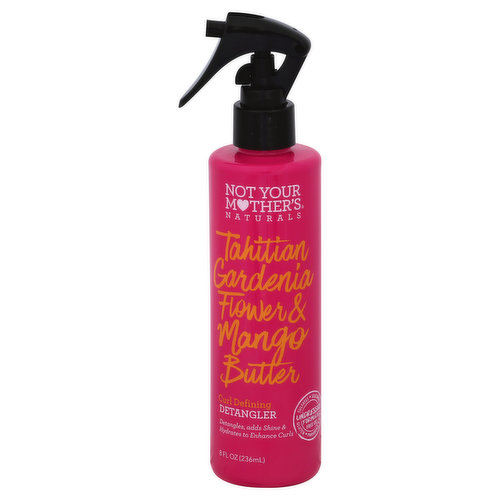 Detangles, adds shine & hydrates to enhance curls. Undressed formula free of gluten; parabens; dyes; silicone; sulfates. Not Your Mother's Naturals begins with nurturing haircare consciously made for you. Exotic natural blends and worry free ingredients provide beautiful hair, everyday. A luscious blend of Tahitian gardenia flower & mango butter helps preserve the natural curl so your hair moves with a beautiful bounce. This Curl Defining Detangler hydrates each curl, elevates shine, provide a natural slip to the hair so it remains soft buoyant, easy to comb and prepares hair for a definitive, vivacious style. 100% free of sulfates; silicone; gluten; parabens; dyes; phthalates. No sulfate surfactants. No sulfate surfactants. Not tested on animals. nymbrands.com. Inspired by our mothers and created for you. Please recycle. Cruelty free. Made in USA.