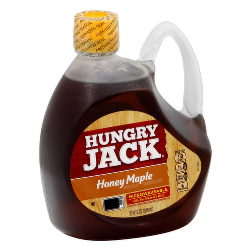 Artificially flavored. Per 2 Tbsp: 110 Calories; 0 g sat fat (0% DV); 55 mg sodium (2% DV); 20 g total sugars. Microwaveable. Tells you when it’s hot! See Heating instruction & caution statement on back.  hungryjack.com. Questions or comments? 1-888-767-7494. Visit us at hungaryjack.com.