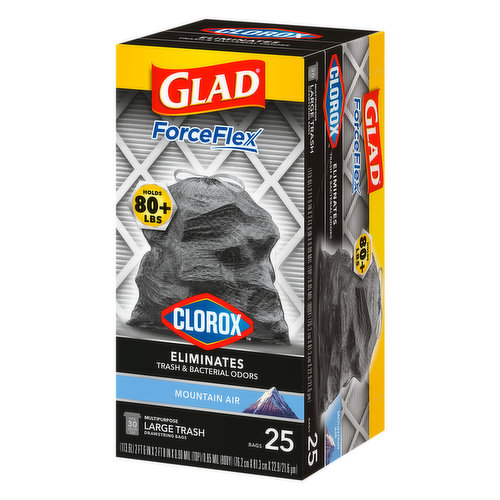 Glad ForceFlex Plus Trash Bags, Multipurpose, Drawstring, Large, 30 Gallon - 25 bags