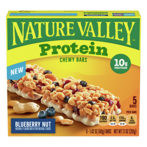 Naturally flavored with other natural flavors. 10 g protein. Per Bar: 190 calories; 2.5 g sat fat (13% DV); 170 mg sodium (8% DV); 8 g total sugars. Gluten free. Contains bioengineered food ingredients. Learn more at Ask.GeneralMills.com. New! Gradually increase fiber over time to help minimize potential gastrointestinal discomfort. When we get outside, something amazing happens. You can feel it. It can make us feel more energized, helps manage stress, and strengthen our families. We think the world could use a little more of that. We are better outside. General Mills making food people love. www.naturevalley.com/nature. Ask.GeneralMills.com. generalmills.com. how2recycle.info. celiac.org. Tell us what you think? Share it on Twitter; Instagram. To learn more see www.naturevalley.com/nature. We welcome your questions and comments: generalmills.com. 1-800-231-0308. No more clipping. Box Tops for Education: Scan your receipt. See how at BTFE.com. Proud Supporter: Celiac Disease Foundation. celiac.org. 100% Recycled paperboard. Carbohydrate Choices: 1.