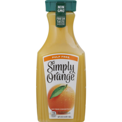 100% pure squeezed pasteurized orange juice. 110 calories per 8 fl oz serving. No added sugar (Not a reduced calorie food see nutrition facts for sugar & calorie content). Non GMO (Non GMO Project verified. nongmoproject.org). Not from concentrate. Pasteurized. Contains orange juice from countries identified on bottle neck. Fresh taste guaranteed. www.simplyorangejuice.com. SmartLabel: Scan for more food information. Product questions & fresh taste guaranteed info call 1-800-871-2653. Please recycle.