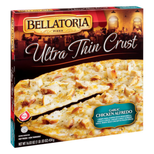 Real. Made with 100% Real cheese. Crispy pizza topped with mozzarella,asiago cheese, creamy garlic alfredo sauce, white meat chicken & Italian spices. Come to Bellatoria - a warm and inviting place where you're always welcome. This is where friends and family gather to relax, share lively conversation and enjoy good food. Bellatoria Pizzas bring the spirit, flavor and traditions of Italy to your table with delicious varieties of crusts and toppings that taste like they were prepared especially for you. U.S. inspected and passed by the Department of Agriculture. www.bernatellos.com. www.bellatoriapizza.com. To the Customer: Questions or comments? Retain carton and plastic wrap, write to Bernatello's Pizza, Inc., customer service, Box 729, Maple Lake, MN 55358. Visit our website: www.bernatellos.com. www.bellatoriapizza.com.