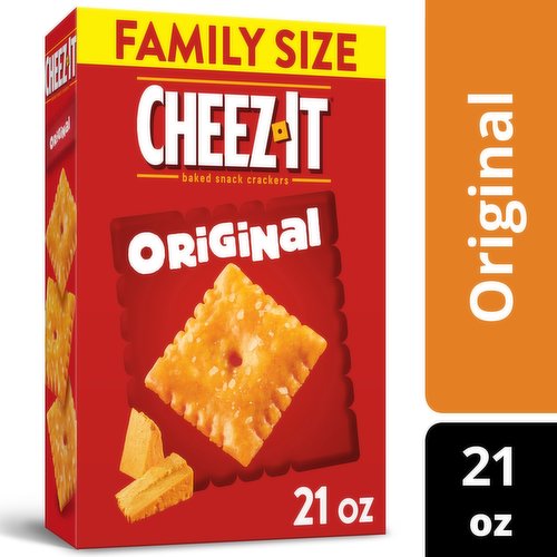 <ul><li>Deliciously cheesy, light and crispy snack crackers made with 100% real cheese and a sprinkle of salt</li><li>Ignite cravings with the cheesy, crunchy satisfaction found in each and every Cheez-It cracker</li><li>Made with 100% real cheese aged for a bold taste; Kosher Dairy; Contains wheat, milk, and soy ingredients</li></ul><br/>Outrageously cheesy and ridiculously craveable, Cheez-It baked snack crackers are deliciously crunchy little crackers that have captured cheese-lovers for decades. Discover a crowd-favorite snack made with 100% real cheese baked to crispy perfection for an irresistible taste in every crunchy bite. Each lightly salted cracker is loaded with a burst of cheesy flavor; Cheez-It baked snack crackers are a fan-favorite for game night, school snacks, family movie nights, party spreads, late-night snacking, and so much more, the cheesy options are endless. Delicious for all ages, grab a box of Cheez-It Original crackers for every family snacking moment. Whether you're packing them in school lunches, grabbing some for the office, or taking along on a road trip, you'll find a delicious, crisp snack that is filled with big cheese flavor. It’s no wonder that these bite-sized crackers have become a crowd-favorite, bringing smiles and that urge for just one more handful.