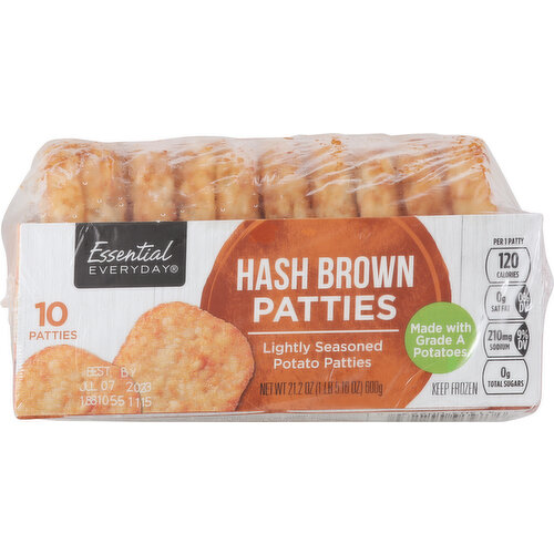Per 1 Patty: 120 calories, 0 g sat fat (0% DV), 210 mg sodium (9% DV), 0 g total sugars. Contains bioengineered food ingredients Made with Grade A potatoes. essentialeverday.com. For additional recipes, visit www.essentialeveryday.com. Product of Canada.