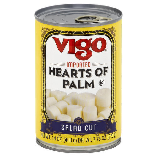 Dr. wt. 7.75 oz (220 g). Imported. Salad Cut Palm Hearts: Hearts of Palm are the tender buds of certain palm trees. Tender yet crunchy, Hearts of Palm lend a unique taste and texture to many dishes. Already sliced, our salad size pieces are convenient to use in appetizers, green salads, omelets or baked dishes. Serve with a vinaigrette or try this delightfully simply dressing. In a small bowl, mix together 4 tbsp. mayonnaise, 1-1/2 tbsp. ketchup and 6 drops Worcestershire sauce. Add drained can of salad cut hearts of palm and gently toss. Season with freshly ground Alessi Sea Salt and Alessi Black Peppercorns and serve over a bed of salad greens. Since 1947. www.vigofoods.com. Product of Costa Rica.