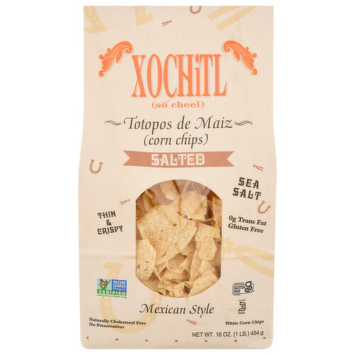 Totopos do Maiz (corn chips). Xochitl means flower in Nahuatl, the language of the Aztecs. Taste and enjoy the tradition! At Xochitl, our mission has always been to provide the finest products and flavors made from authentic ancient recipes. The Aztecs steeped kernels of corn in lime overnight and ground them with large stones to create a dough called Nixtamal, which they used to make tortillas. Hundreds of years later, our Totopos de Maiz (corn chips) are oven-baked and quick fried to perfection, creating the deliciously thin and crispy chips that you are about to enjoy. We care for our customers and their families, which is why we use the highest quality ingredients and non-hydrogenated oils. Xo thin. Xo crisp. Xo good. Xochitl. No preservatives.