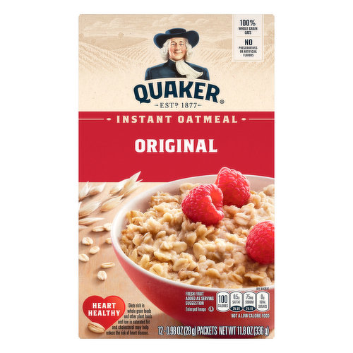 No artificial flavors. Per Packet: 100 calories; 0.5 g sat fat (3% DV); 75 mg sodium (3% DV); 0 g total sugars. Good source of fiber. Per 40 g serving. Heart healthy. American Heart Association Certified. Meets criteria for heart-healthy food. Diets rich in whole grain foods and other plant foods and low in saturated fat and cholesterol may help reduce the risk of heart disease. Heart-Check certification applies only when prepared with water and does not apply to recipes. 100% Whole Grain: 27 g or more per serving. 100% of the grain is whole grain. WholeGrainsCouncil.org. Eat at least three one ounce equivalent (3 servings) of whole grains per day for fiber and overall health. Each oatmeal packet contains a one ounce equivalent (1 serving) of whole grains. 100% whole grain oats. No preservative. Not a low calorie food. Est. 1877. Goodness you can taste: At Quaker, we believe that nothing should stand between you and a great breakfast. That’s why we strive to keep it simple, with delicious ingredients in every bowl. QuakerOats.com. how2recycle.info. Facebook. Twitter. For special offers, information & to join the conversation, visit: QuakerOats.com, Facebook.com/Quaker or (at)Quaker. Smartlabel: Scan for more food information or call 1-800-555-6287. We're here to help. Quakeroats.com or 800-555-6287 Please have package when calling. To learn more, visit www.pepsico.com/sustainability. Quaker Sustainability Pledge: We value our communities and are continually on the lookout for ways to reduce our environmental impact - especially in areas of oat farming, packaging, and shipping. We've made progress, but there's more work to be done. Join us in our journey to take better care of the earth. After all, that's where oats come from. how2recycle.info.