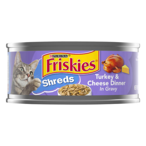 Friskies Cat Food, Turkey & Cheese Dinner in Gravy, Shreds