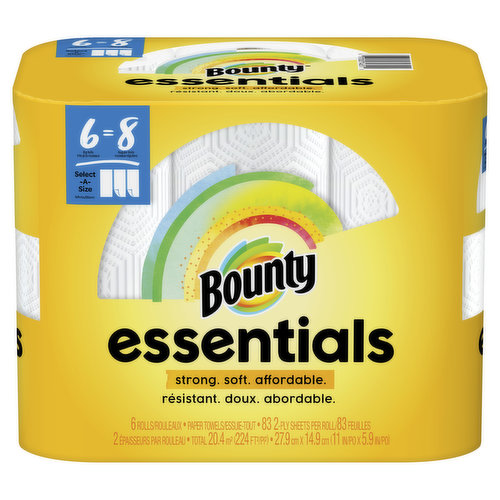 Bounty Essentials Select-A-Size Paper Towels, White, 6 Big Rolls = 8 Regular Rolls, 6 Count