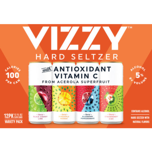 Hint of black cherry lime. Hint of pineapple mango. Hint of blueberry pomegranate. Hint of strawberry kiwi. Hard seltzer with natural flavors. 100 calories per can. Certified Gluten-Free. vizzyhardseltzer.com Please recycle. Please do not litter. 5% alc./vol.
