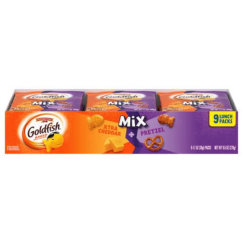 Goldfish Baked Snack Crackers, Xtra Cheddar + Pretzel, Mix, 9 Lunch Packs